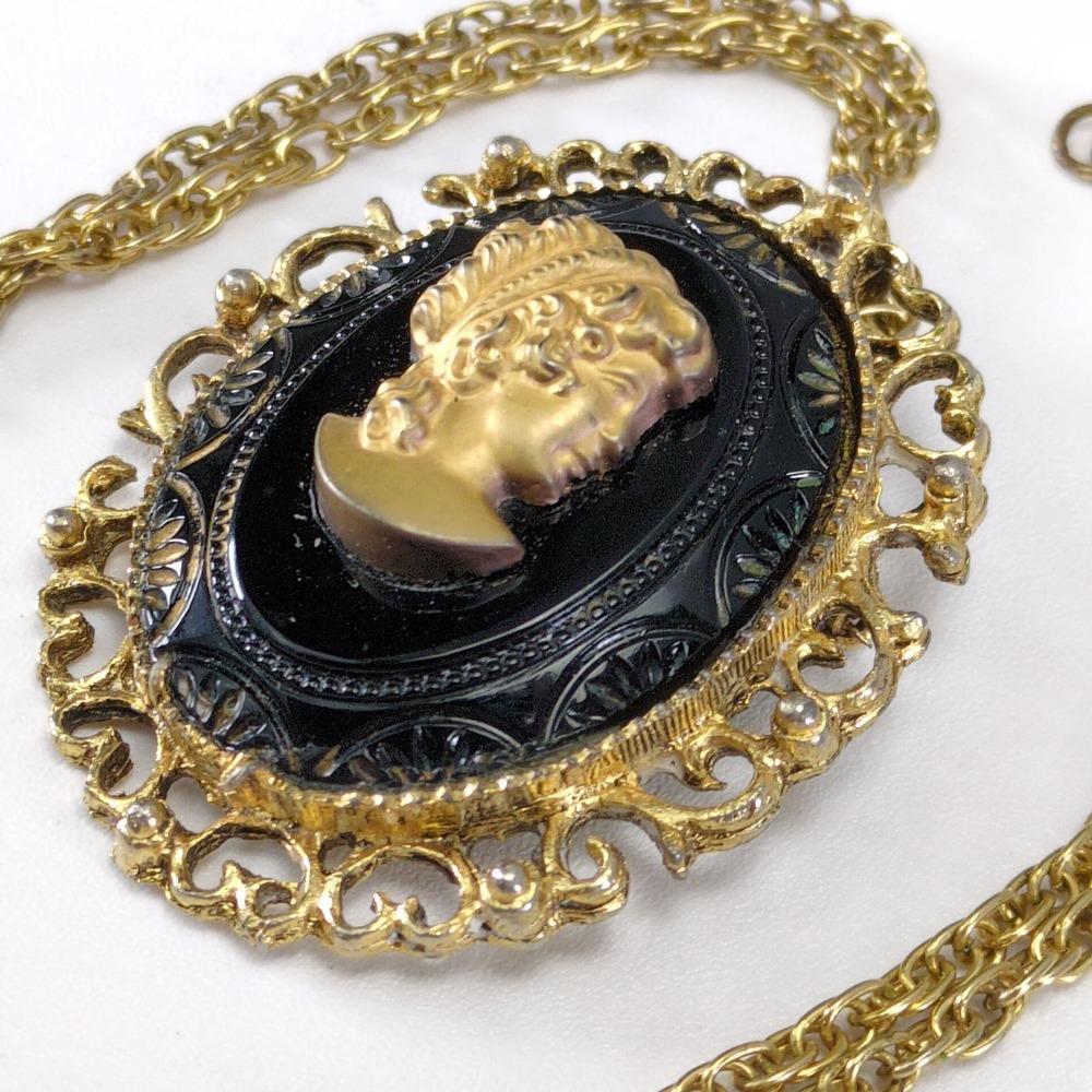 Vintage 60s Black Gold Cameo Pendant Brooch Necklace 24" Chain Victorian Revival